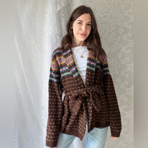 Vintage Sweaters - Vintage Southwestern Knit Cardigan Blanket Wrap Boho Cotton Chaps